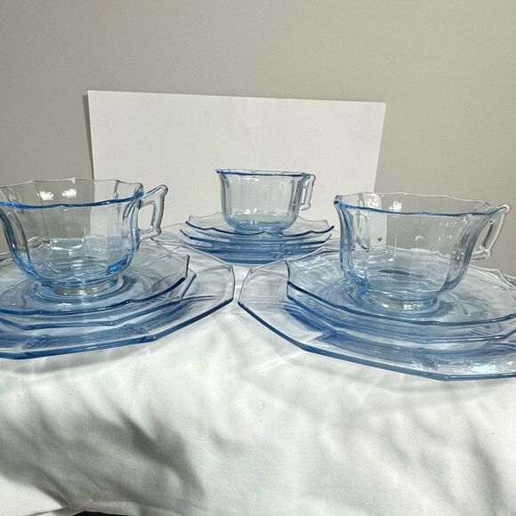 Cambridge Vintage Glass DECAGON Moonlight Blue Cups, Saucers & Plates Set 12 - Picture 10 of 16